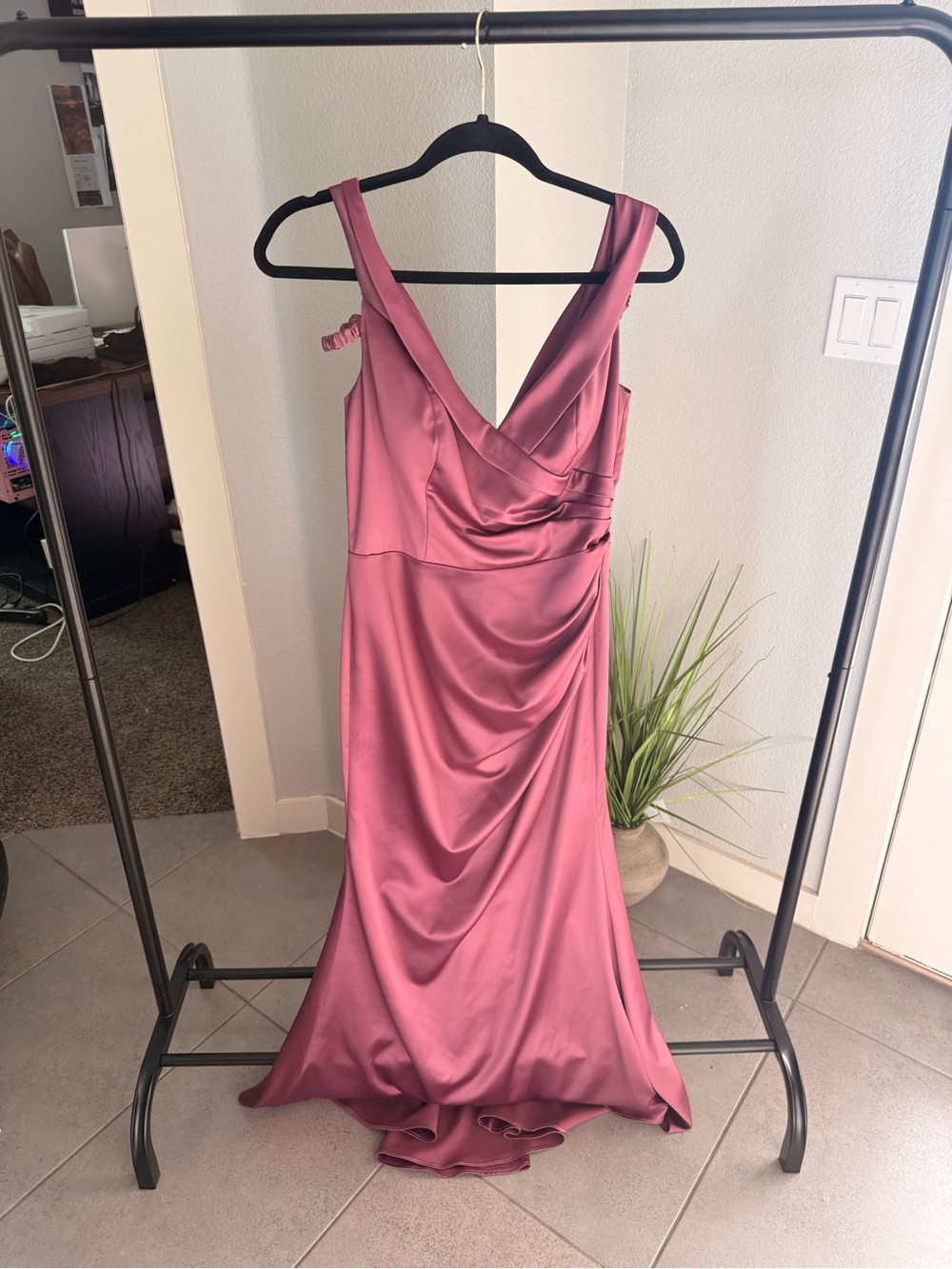 Signature Dusty Rose Satin V-Neck Prom Dress